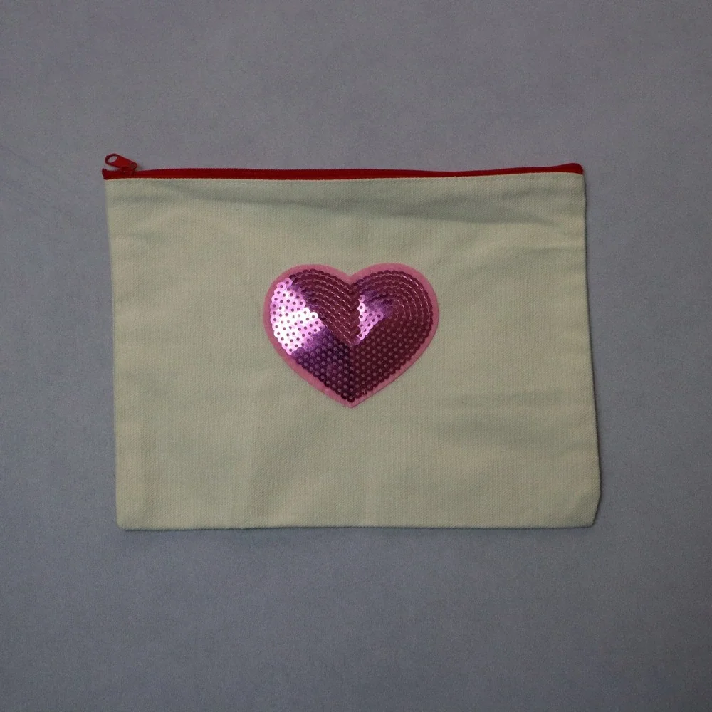 Pink‎ Sequin Heart Patch Red Zipper Canvas Pencil Makeup Handmade Pouch Bag